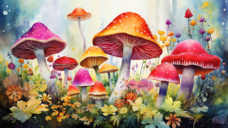 whimsical forest mushrooms watercolor painting illustrationsの素材