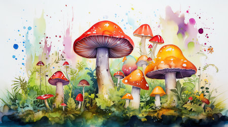 whimsical forest mushrooms watercolor painting illustrationsの素材