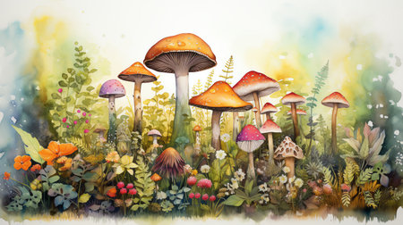 whimsical forest mushrooms watercolor painting illustrationsの素材