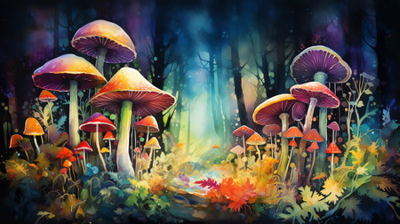 whimsical forest mushrooms watercolor painting illustrationsの素材