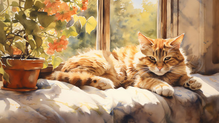 a cat napping on a sunlit windowsill watercolor painting illustrationの素材