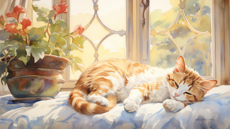 a cat napping on a sunlit windowsill watercolor painting illustrationの素材