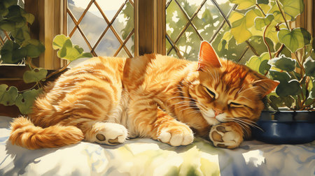 a cat napping on a sunlit windowsill watercolor painting illustrationの素材