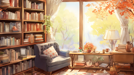 cozy warm home office reading corner with a big window and bookshelf watercolor illustrationの素材