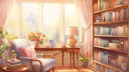 cozy warm home office reading corner with a big window and bookshelf watercolor illustrationの素材