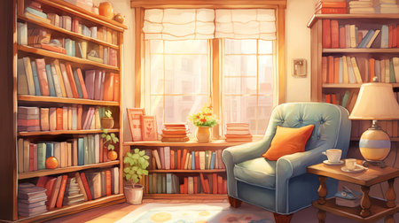 cozy warm home office reading corner with a big window and bookshelf watercolor illustrationの素材