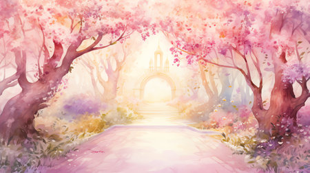 watercolor illustration of a magical spring garden surrounded by delicate blossoms in various colorsの素材