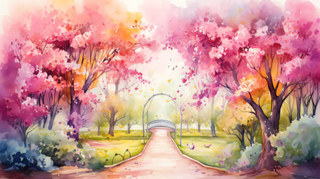 watercolor illustration of a magical spring garden surrounded by delicate blossoms in various colorsの素材