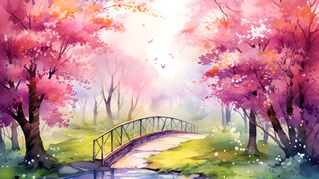 watercolor illustration of a magical spring garden surrounded by delicate blossoms in various colorsの素材