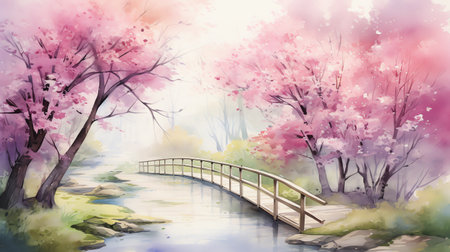 watercolor illustration of a magical spring garden surrounded by delicate blossoms in various colorsの素材