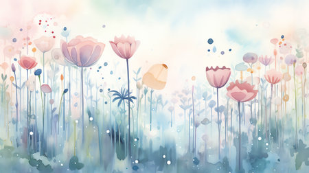 watercolor illustration of spring blooming flowers backgroundの素材