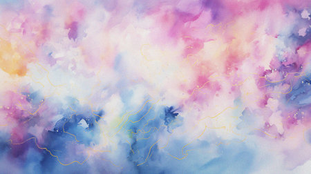 watercolor painting of abstract cloud sky nebula galaxy with purple blue and gold for background elementの写真素材