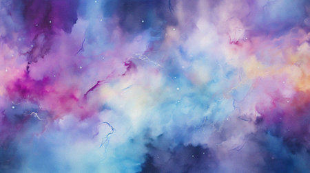 watercolor painting of abstract cloud sky nebula galaxy with purple blue and gold for background elementの写真素材