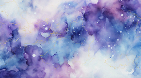 watercolor painting of abstract cloud sky nebula galaxy with purple blue and gold for background elementの写真素材