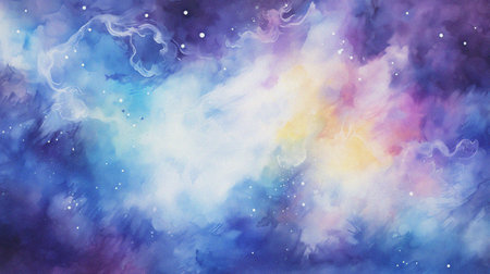 watercolor painting of abstract cloud sky nebula galaxy with purple blue and gold for background elementの写真素材