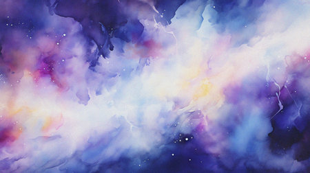 watercolor painting of abstract cloud sky nebula galaxy with purple blue and gold for background elementの写真素材