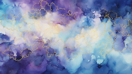 watercolor painting of abstract cloud sky nebula galaxy with purple blue and gold for background elementの写真素材