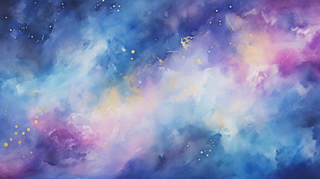 watercolor painting of abstract cloud sky nebula galaxy with purple blue and gold for background elementの写真素材
