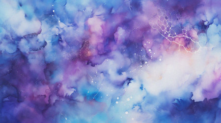 watercolor painting of abstract cloud sky nebula galaxy with purple blue and gold for background elementの写真素材