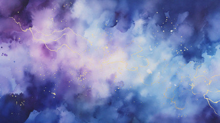 watercolor painting of abstract cloud sky nebula galaxy with purple blue and gold for background elementの写真素材