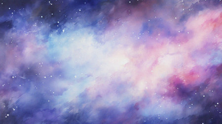 watercolor painting of abstract cloud sky nebula galaxy with purple blue and gold for background elementの写真素材