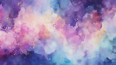 watercolor painting of abstract cloud sky nebula galaxy with purple blue and gold for background elementの写真素材