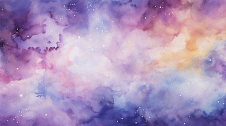 watercolor painting of abstract cloud sky nebula galaxy with purple blue and gold for background elementの写真素材
