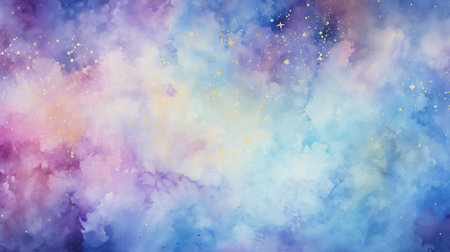 watercolor painting of abstract cloud sky nebula galaxy with purple blue and gold for background elementの写真素材