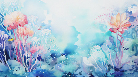 abstract watercolor underwater with coral plant and fish for background templateの写真素材
