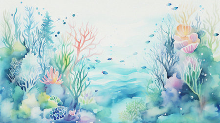 abstract watercolor underwater with coral plant and fish for background templateの写真素材