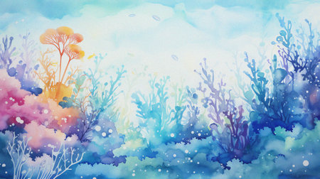 abstract watercolor underwater with coral plant and fish for background templateの写真素材