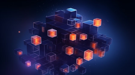 abstract futuristic 3d floating cubic elements with deep blue, vibrant orange, and electric purple colors. abstract background templateの素材