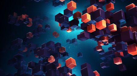 abstract futuristic 3d floating cubic elements with deep blue, vibrant orange, and electric purple colors. abstract background templateの素材