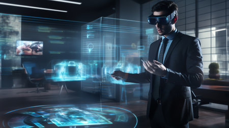 a businessman interacting with advanced augmented reality (AR) business interface utilizing holographic projectionsの素材