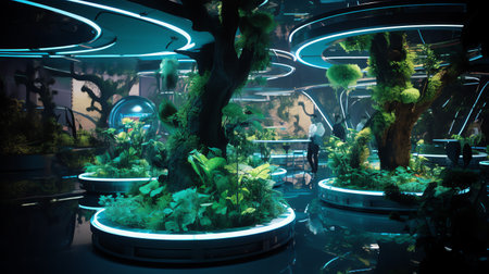 futuristic biotech oasis technology with bioengineered plants, glowing bioluminescent pathways, and futuristic devicesの素材