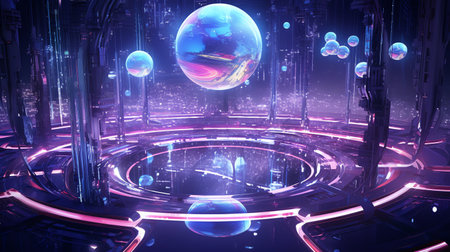 futuristic tech nexus with holographic interfaces, flying drones, robotic elements, and energy streamsの素材