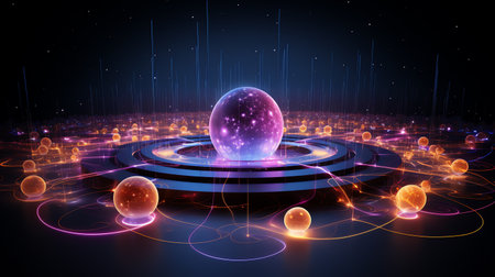 futuristic quantum computing realm processes complex computations in a visually dynamic space with floating quantum gates, and entangled particlesの素材