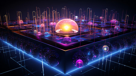 futuristic quantum computing realm processes complex computations in a visually dynamic space with floating quantum gates, and entangled particlesの素材