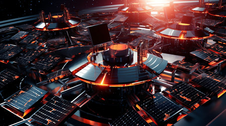 futuristic solar harvesting stations float in space. solar panels, energy beams, and orbiting satellites work to harness renewable energyの素材