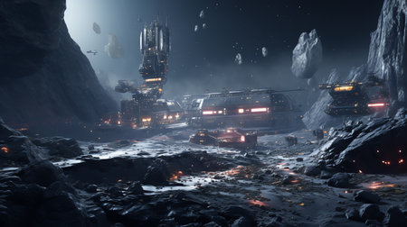 space mining stations extracting valuable resources from asteroids or planets with mining drones and high-tech facilitiesの素材