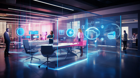 futuristic business workspace technologies with holographic displays, advanced AI assistants, and interactive surfacesの素材