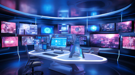 futuristic business workspace technologies with holographic displays, advanced AI assistants, and interactive surfacesの素材