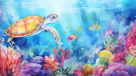 watercolor painting of sea turtle in underwater scene filled with whimsical marine lifeの素材