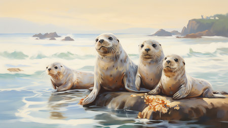 coastal scene with family of sea otters floating on the tranquil watersの素材