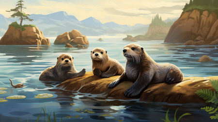 coastal scene with family of sea otters floating on the tranquil watersの素材