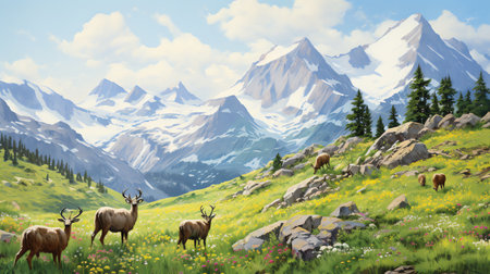 oil painting of alpine meadow with mountain goats grazing on the rugged slopesの素材