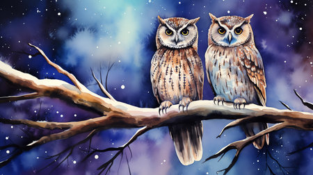 watercolor painting of majestic owls perched on tree branches in the starry nightの素材