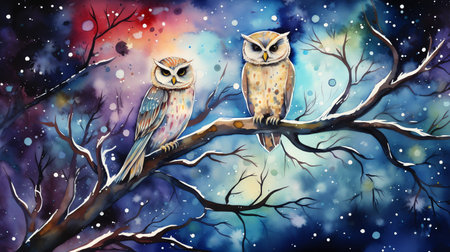 watercolor painting of majestic owls perched on tree branches in the starry nightの素材