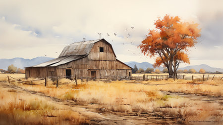 watercolor painting of rustic old barn in autumn fieldsの素材