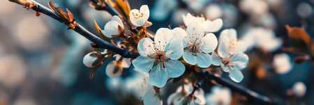 Beautiful blooming branch of cherry tree with pink flowers, spring banner backgroundの素材